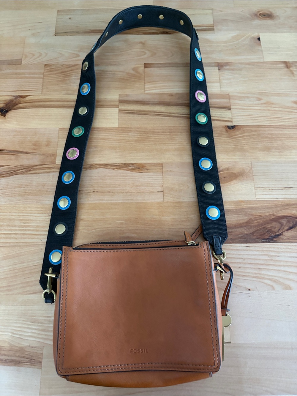 Fossil Cognac Leather Crossbody with Embellished Black Strap